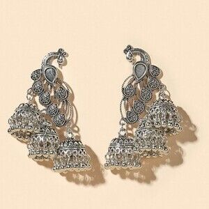 Peacock Silver Earrings Indian Boho Exotic Bird Jewelry‎ Statement Sexy Pretty